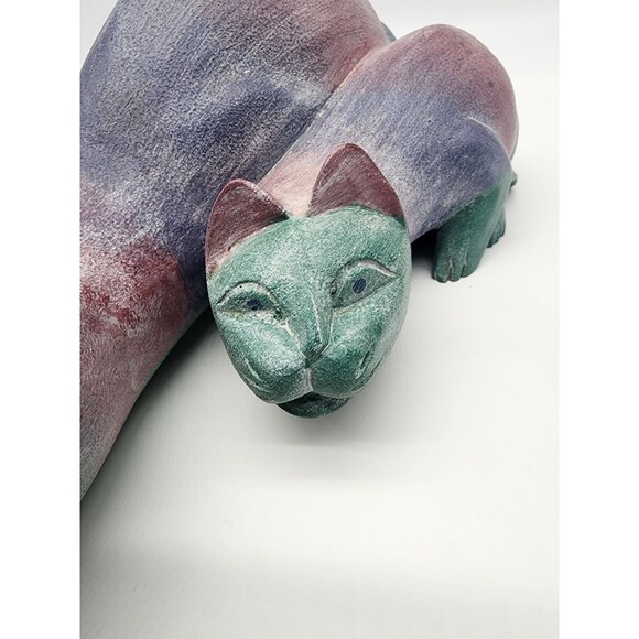 OOAK colorful 16" Purple Wood Hand Carved CAT Statue ARTISAN MADE ADULT KITTEN - Picture 2 of 14